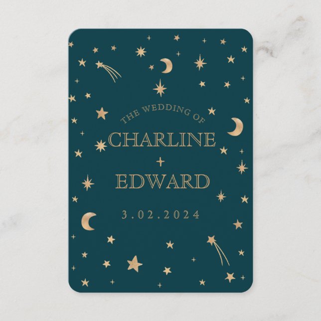 Navy Mystical Gold Stars Moon Wedding Programs (Front)