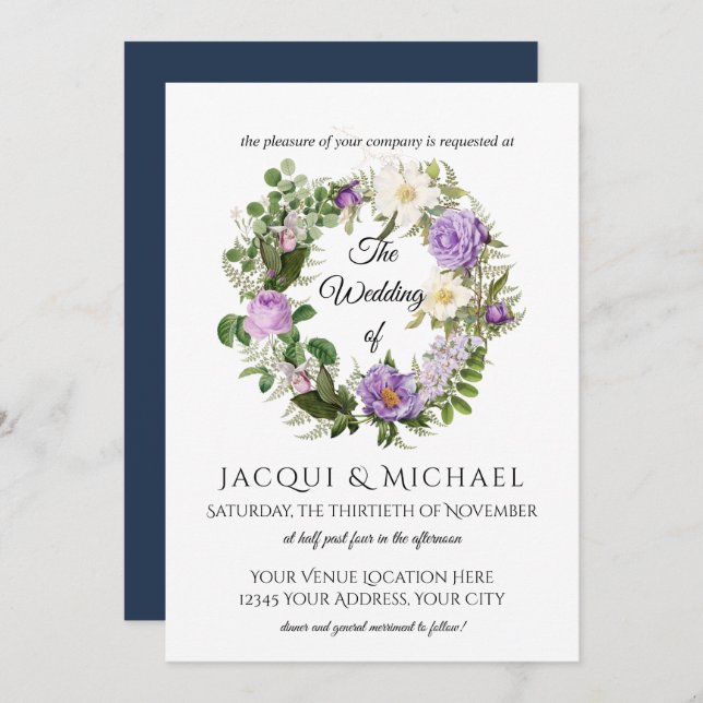Navy n Lavender Ivory Roses w Fern Wreath Wedding Invitation (Front/Back)