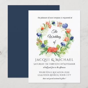 Navy n Orange Chrysanthemum Thistle Wreath Wedding Invitation