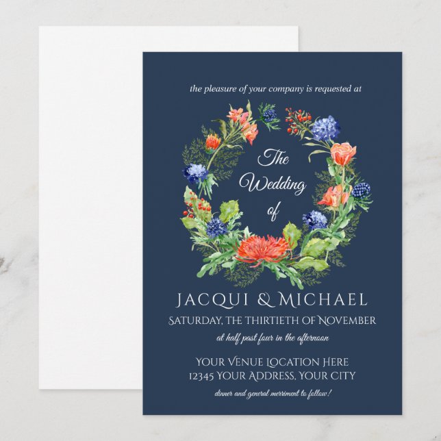Navy n Orange Mum n Thistle Floral Wreath Wedding Invitation (Front/Back)