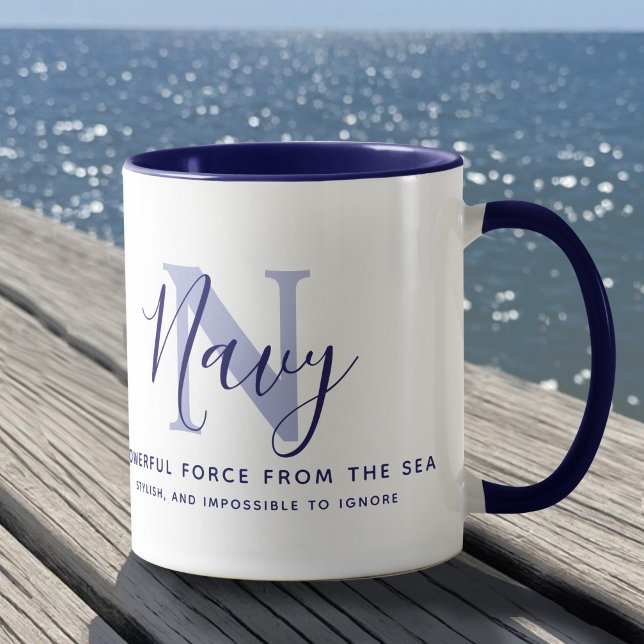 Navy name meaning and monogram blue text mug (Creator Uploaded)