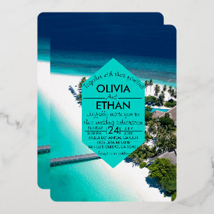 Navy nature seaside island Wedding Foil Invitation