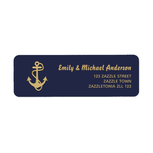 Navy Nautical Address Labels Gold Anchor Blue (Front)