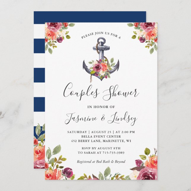 Navy Nautical Anchor Floral Wedding Couples Shower Invitation (Front/Back)