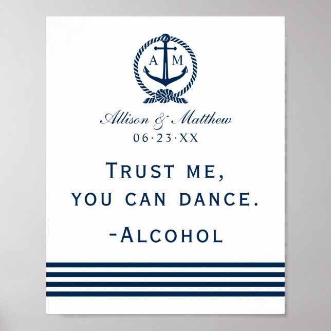 Navy Nautical Anchor Monogram Dance Poster (Front)