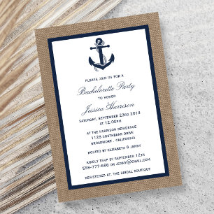 Navy Nautical Anchor On Burlap Bachelorette Party Invitation