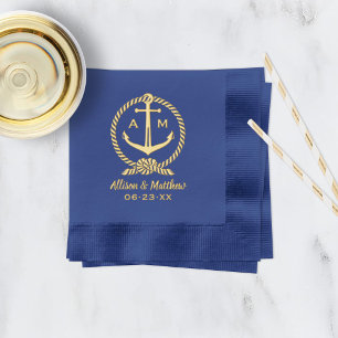 Navy Nautical Anchor Rope Monogram Wedding Foil Napkins