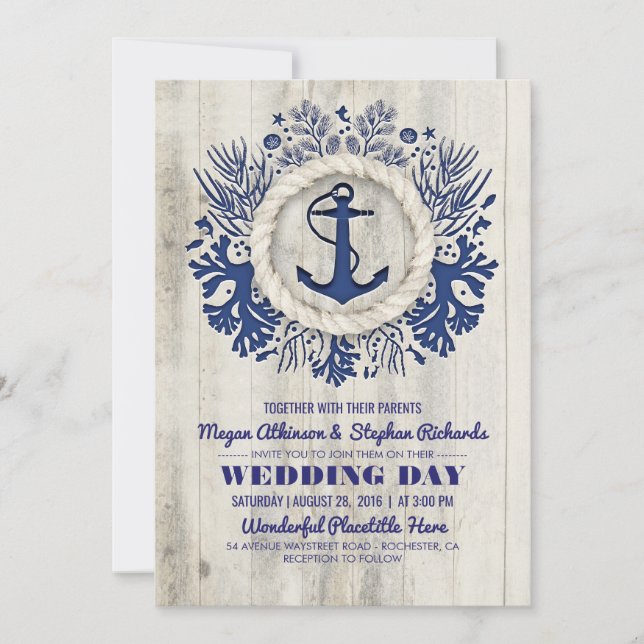 Navy Nautical Anchor Rustic Beach Wedding Invitation (Front)