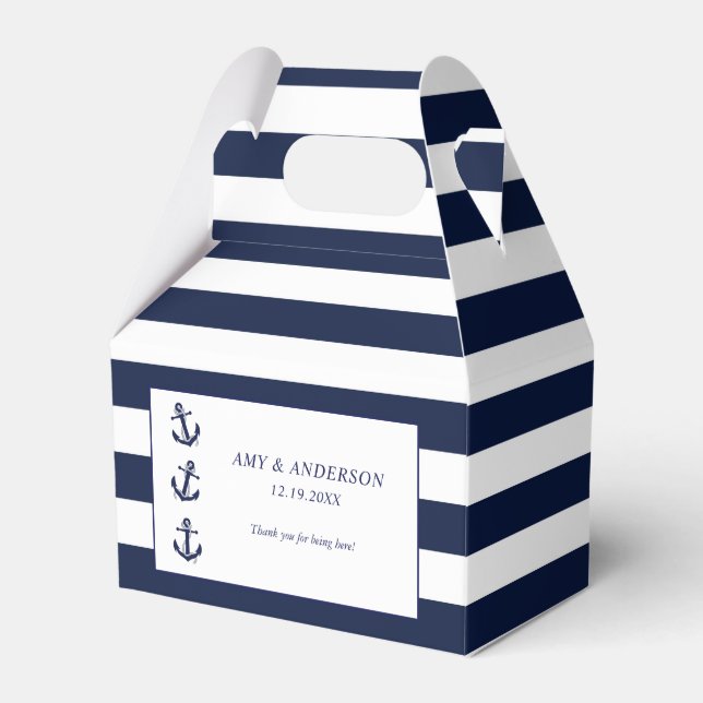 Navy Nautical Anchor Striped Wedding Custom Favor Box (Front Side)