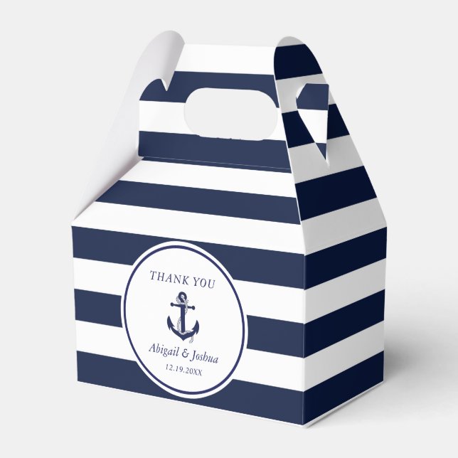 Navy Nautical Anchor Striped Wedding Custom Favour Favor Box (Front Side)