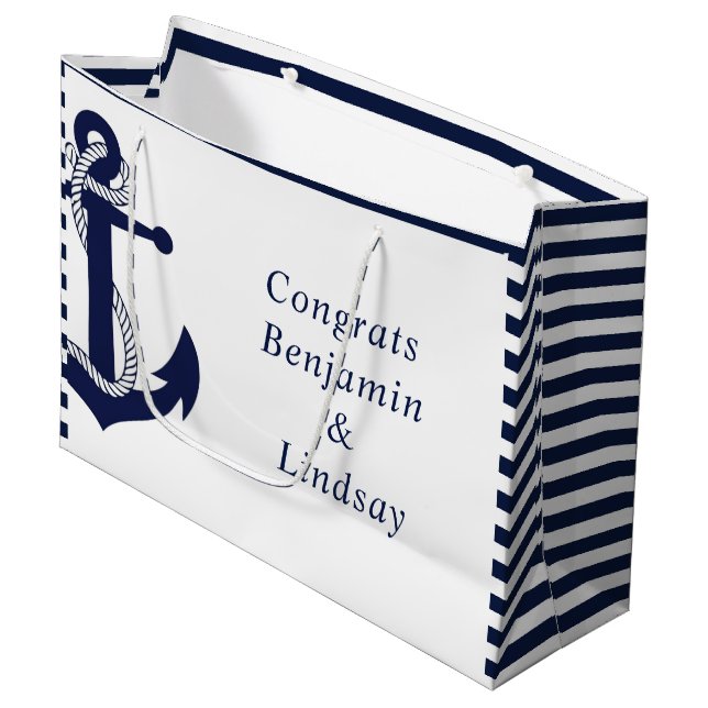 Navy Nautical Anchor Striped Wedding Large Gift Bag (Front Angled)