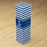 Navy nautical anchor wedding favour wine gift box<br><div class="desc">Elegant navy blue and white nautical anchor wedding favour wine gift box with striped pattern. Cute party favour for bride, groom, bridesmaids, groomsmen, guests, friends etc. Maritime sailing theme with anchors aweigh icons. Custom colour stripes design. Personalized with thank you message, name and date of marriage. Boat / ship anchors...</div>