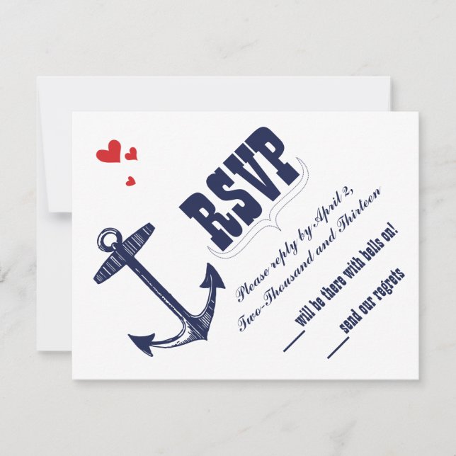 Navy Nautical Anchor with a Touch of Red Wedding RSVP Card (Front)