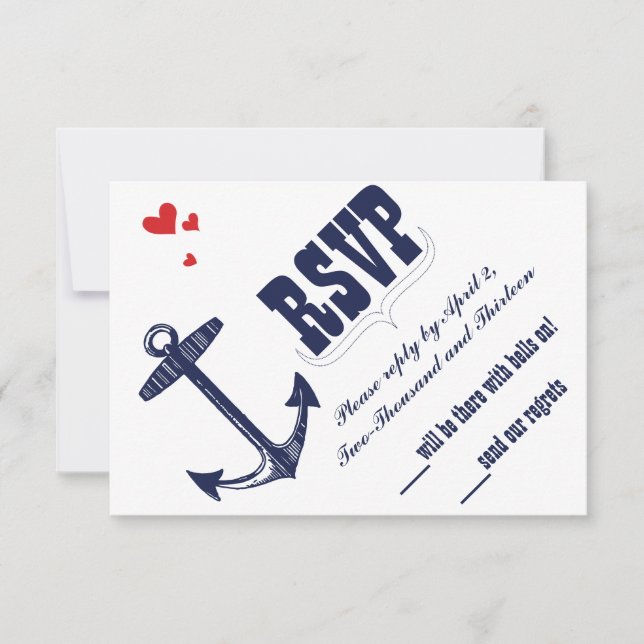 Navy Nautical Anchor with a Touch of Red Wedding RSVP Card (Front)