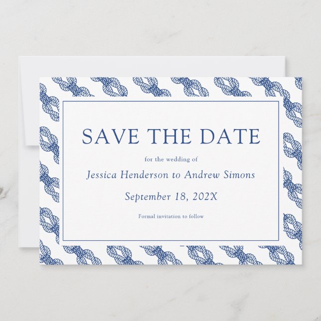 Navy Nautical Boat Rope Flat Save The Date Card (Front)
