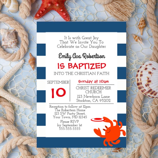 Navy Nautical Crab Personalized Small Baptism Invitation (Creator Uploaded)