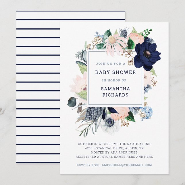 Navy Nautical Floral and Stripes | Baby Shower Invitation (Front/Back)