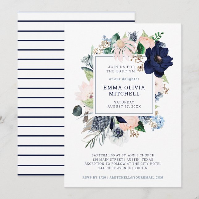 Navy Nautical Floral and Stripes | Baptism Invitation (Front/Back)