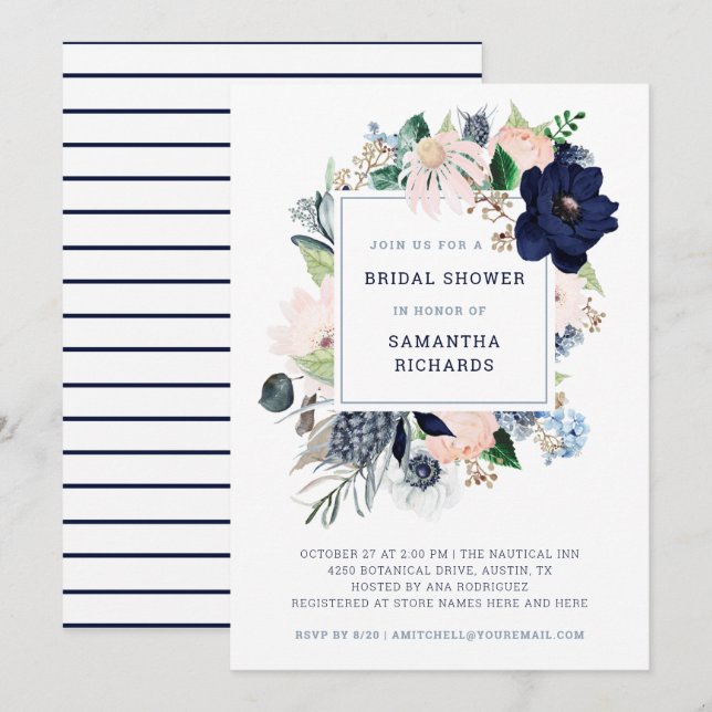 Navy Nautical Floral and Stripes | Bridal Shower Invitation (Front/Back)