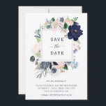 Navy Nautical Floral and Stripes | Save The Date<br><div class="desc">This stylish wedding save the date card features a frame of navy blue,  light blue,  and blush pink watercolor flowers with green and neutral beige leaves. The back of the card features nautical blue and white stripes.</div>