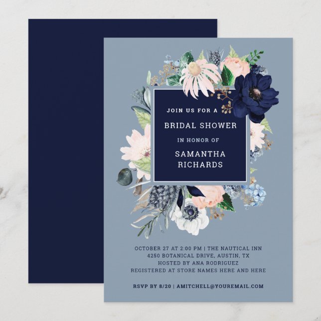 Navy Nautical Floral | Bridal Shower Invitation (Front/Back)