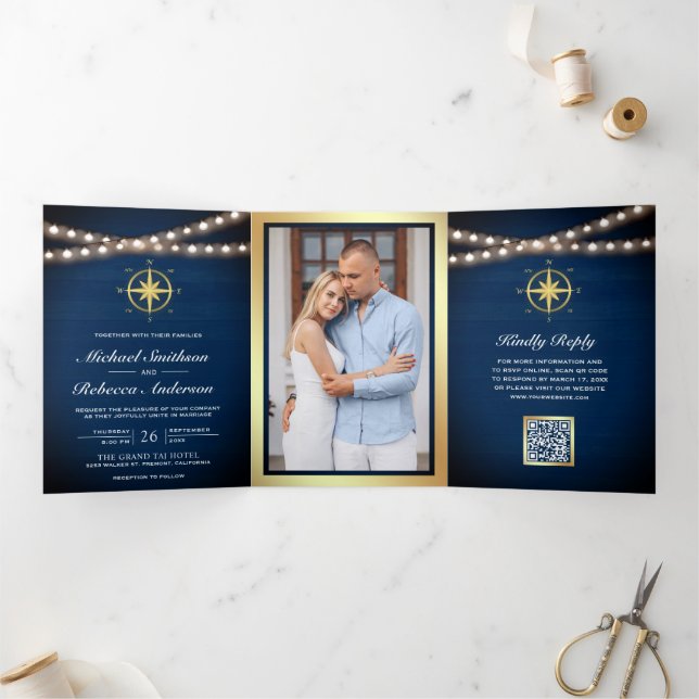 Navy Nautical Gold Compass QR Code Wedding Tri-Fold Invitation (Inside)