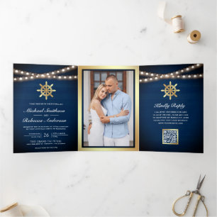 Navy Nautical Gold Ship's Wheel QR Code Wedding Tri-Fold Invitation