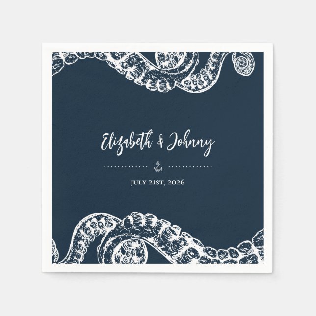 Navy Nautical Octopus Tentacles Wedding Napkins (Front)