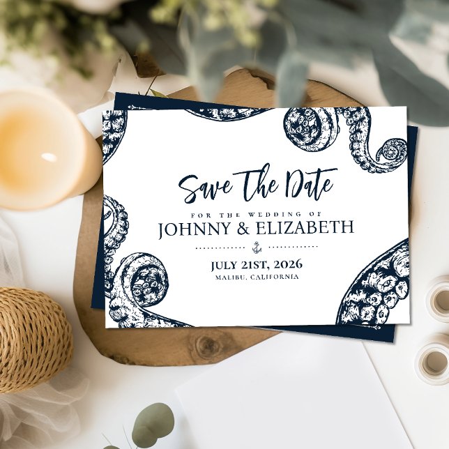 Navy Nautical Octopus Wedding Save The Date Card (Creator Uploaded)