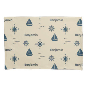 navy Nautical Pattern Anchor Sailboat Compass Name Pillowcase