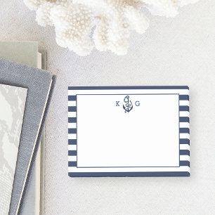 Navy Nautical Preppy Stripe & Anchor Monogram Post-it Notes
