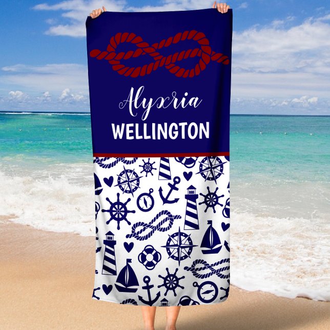 Navy Nautical Rope Personalized Beach Towel (Creator Uploaded)