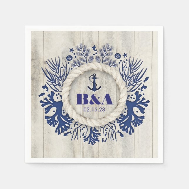 Navy Nautical Rustic Driftwood Beach Wedding Napkin (Front)