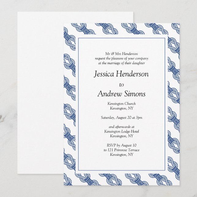 Navy Nautical Sailing Rope Wedding  Invitation (Front/Back)