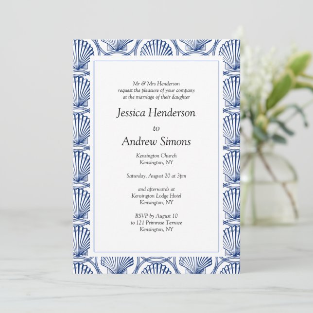 Navy Nautical Sea Shell Wedding   Invitation (Standing Front)