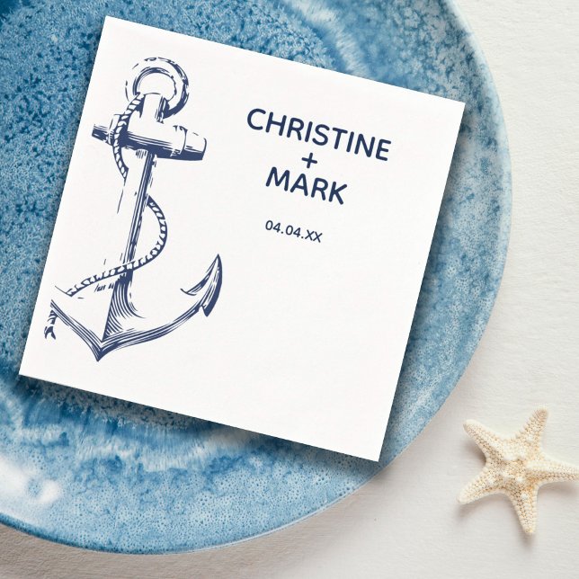 Navy Nautical Sketch Anchor Monogram | Wedding Napkin (Creator Uploaded)
