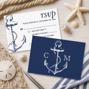 Navy Nautical Sketch Anchor No Children RSVP Invitation