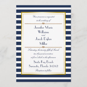 Navy Nautical Stripe Rope Wedding Invitation