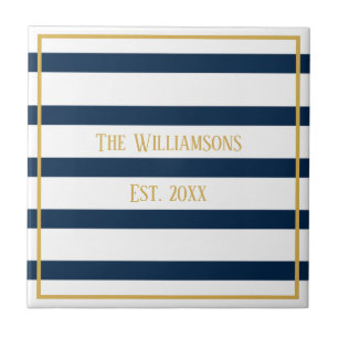 Navy Nautical Stripes Personalized Wedding Tile