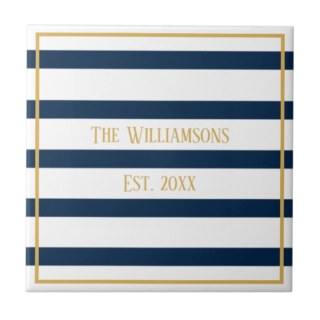 Navy Nautical Stripes Personalized Wedding Tile (Front)