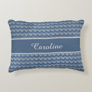 Navy Nautical Waves with Custom Name Coastal Home Accent Pillow