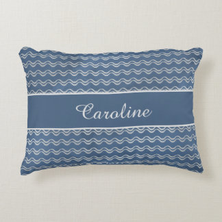 Navy Nautical Waves with Custom Name Coastal Home Accent Pillow