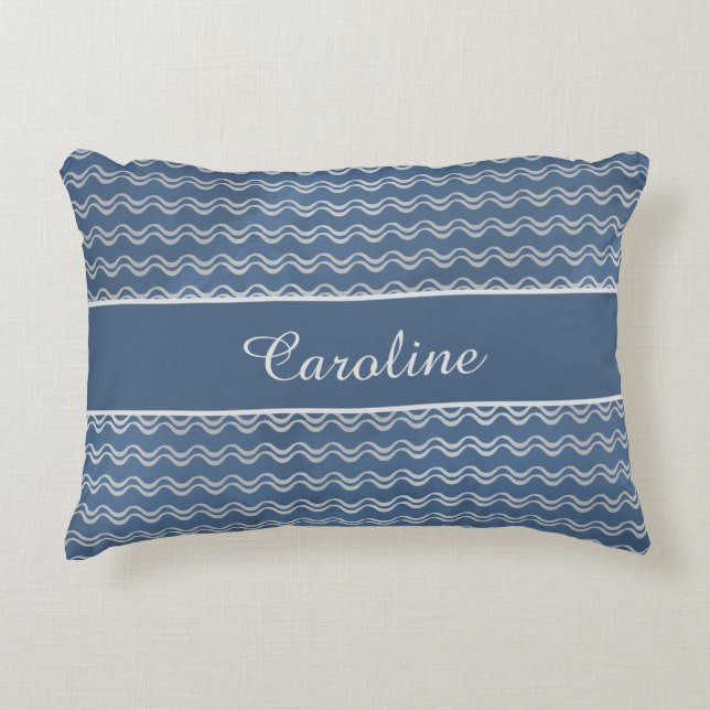 Navy Nautical Waves with Custom Name Coastal Home Accent Pillow (Front)