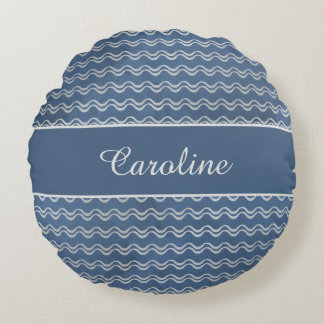 Navy Nautical Waves with Custom Name Coastal Home Round Pillow
