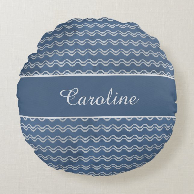Navy Nautical Waves with Custom Name Coastal Home Round Pillow (Front)