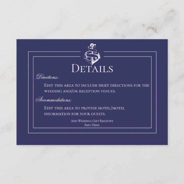 Navy Nautical Wedding Details Enclosure Card (Front)