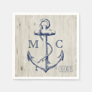 Navy Nautical White Anchor Rustic Wood Monogram Napkin