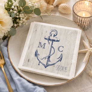 Navy Nautical White Anchor Rustic Wood Monogram Napkin