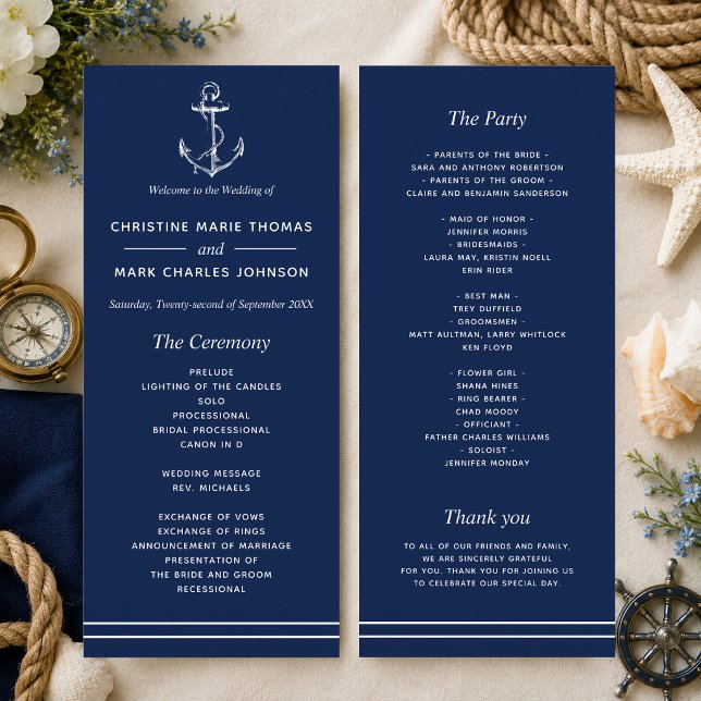 Navy Nautical White Anchor Wedding Program (A nautical themed program perfect for beach weddings and weddings by the sea! )