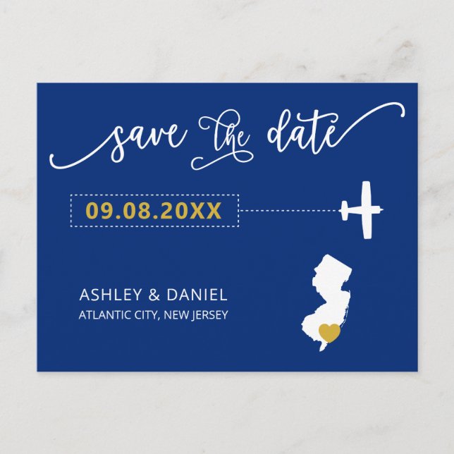 Navy New Jersey Wedding Save the Date Map Postcard (Front)